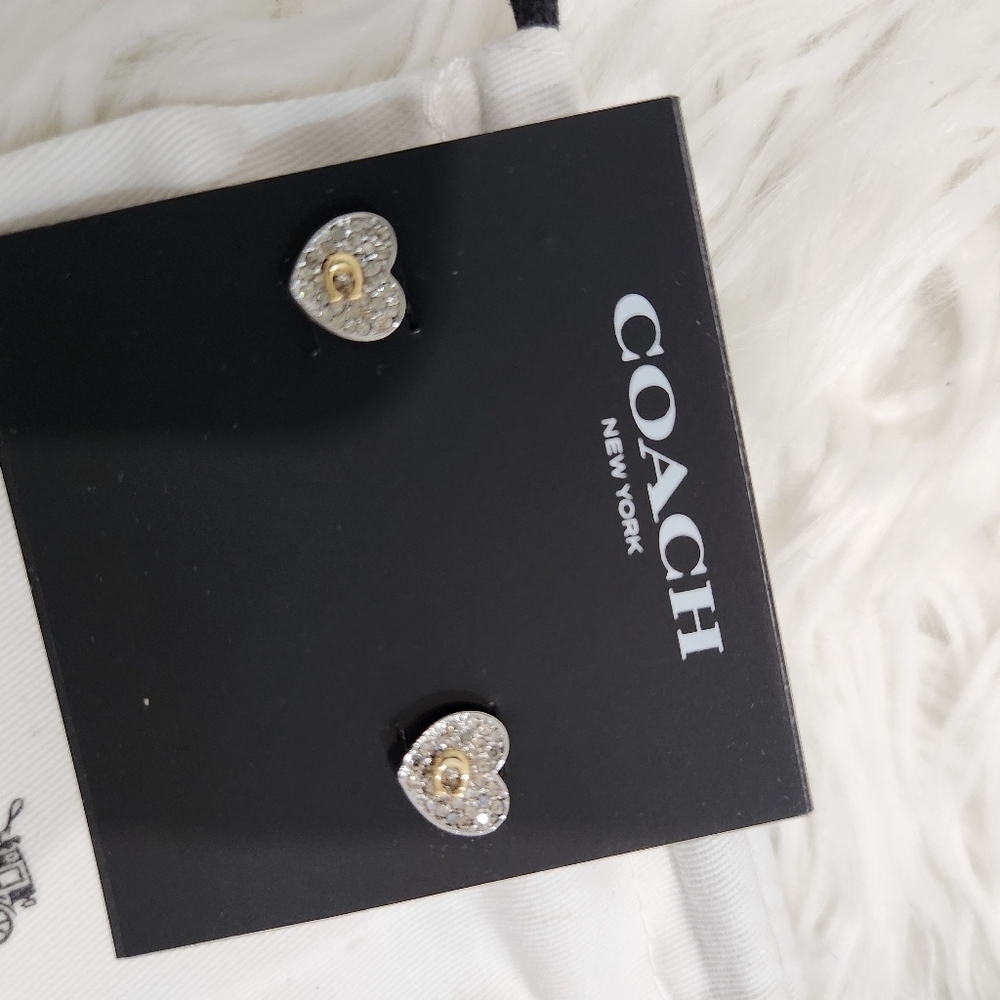 🩶▪️Coach ▪️Heart Earrings Two-Tone Pave Rhinestone w/ Signature C. - Picture 2 of 5
